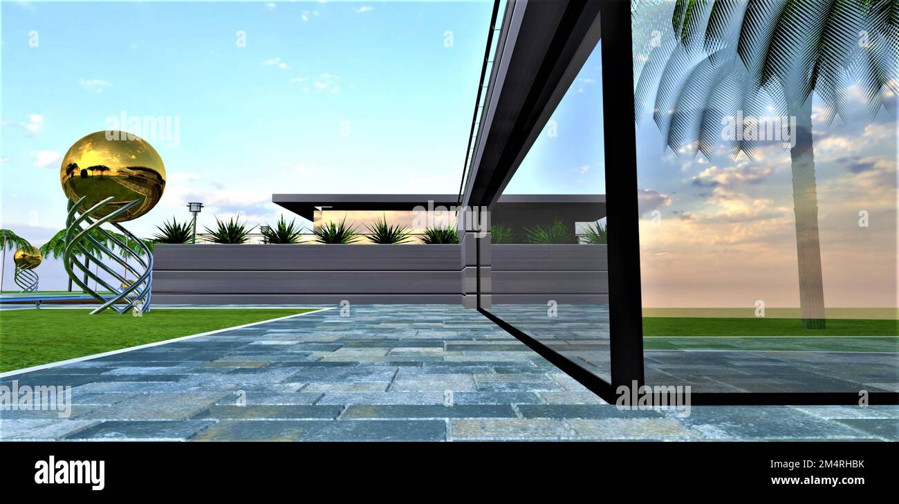 Mirror window of the contemporary estate reflects rhe environment ...