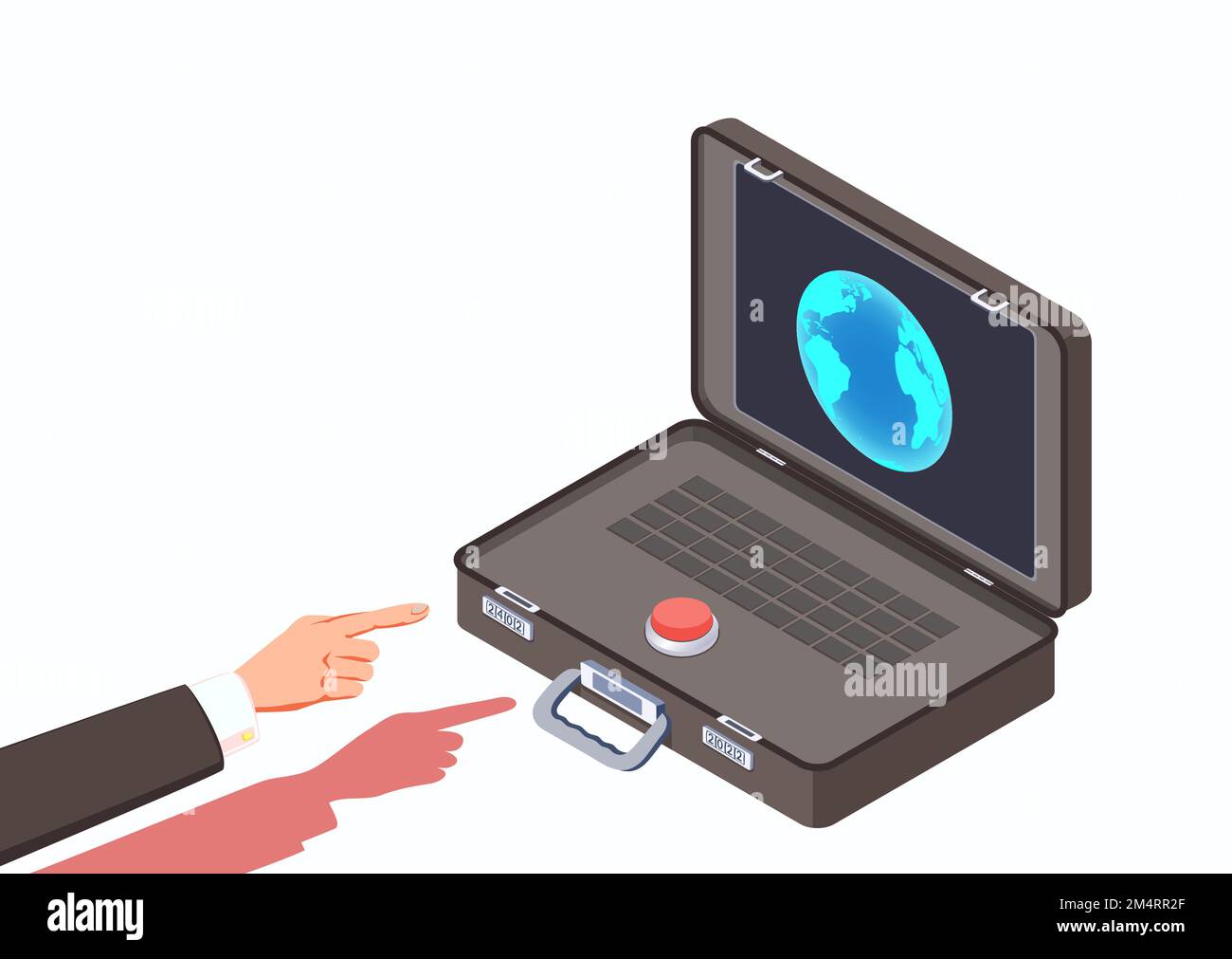 Hand of Commander in Chief or Politician before press the Red Button Nuclear Briefcase. Stock Vector