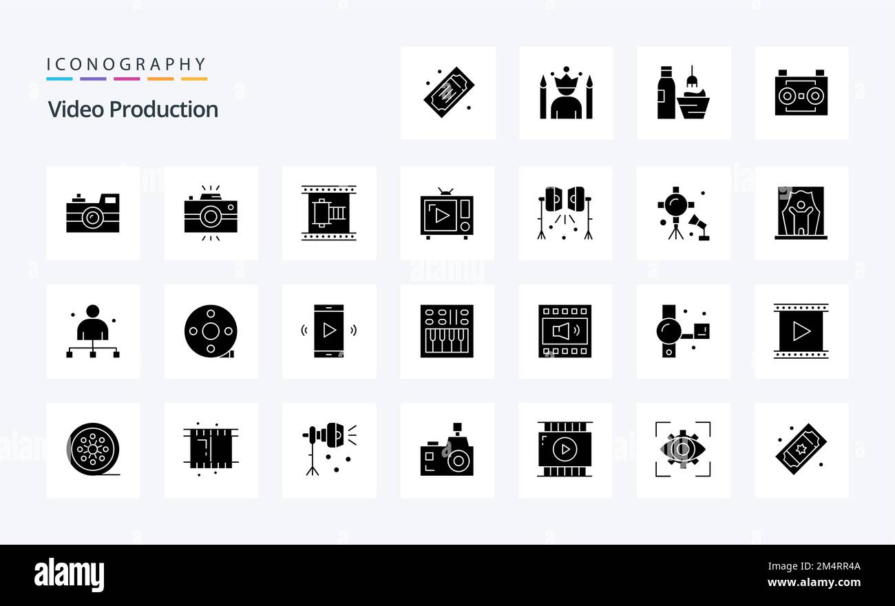 25 Video Production Solid Glyph icon pack Stock Vector