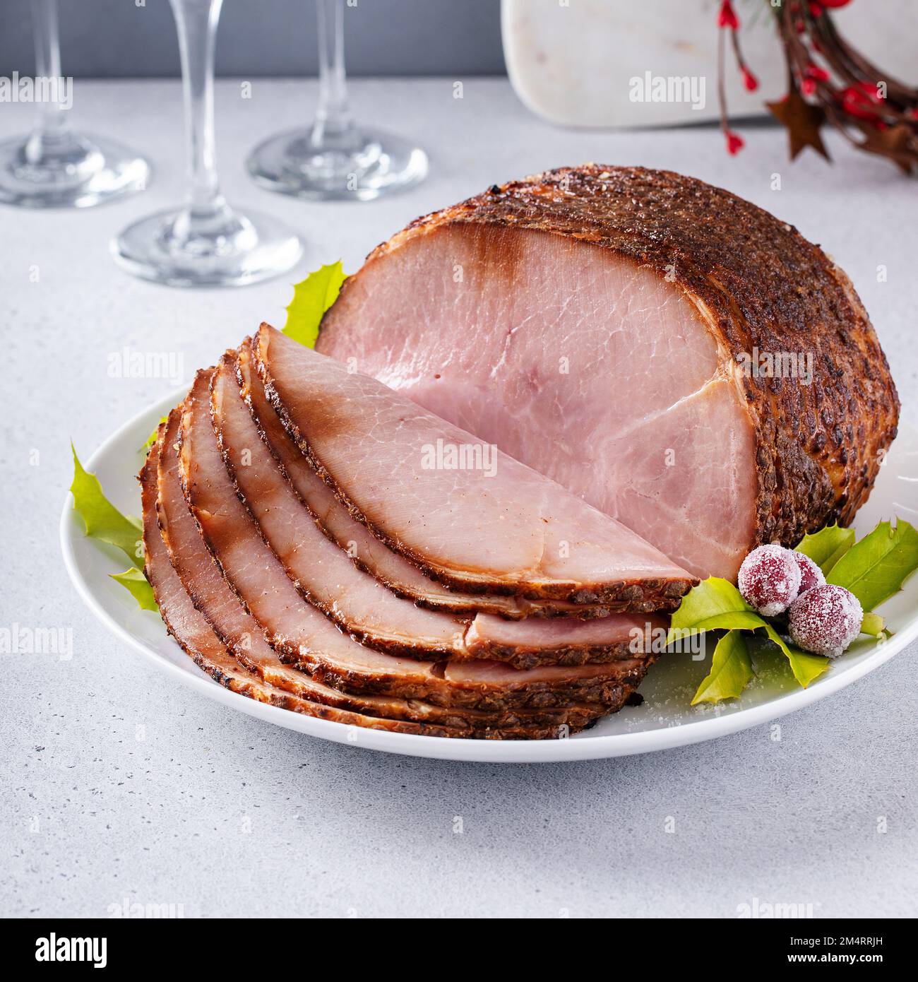 Christmas ham for celebration dinner, honey glazed baked spiral sliced