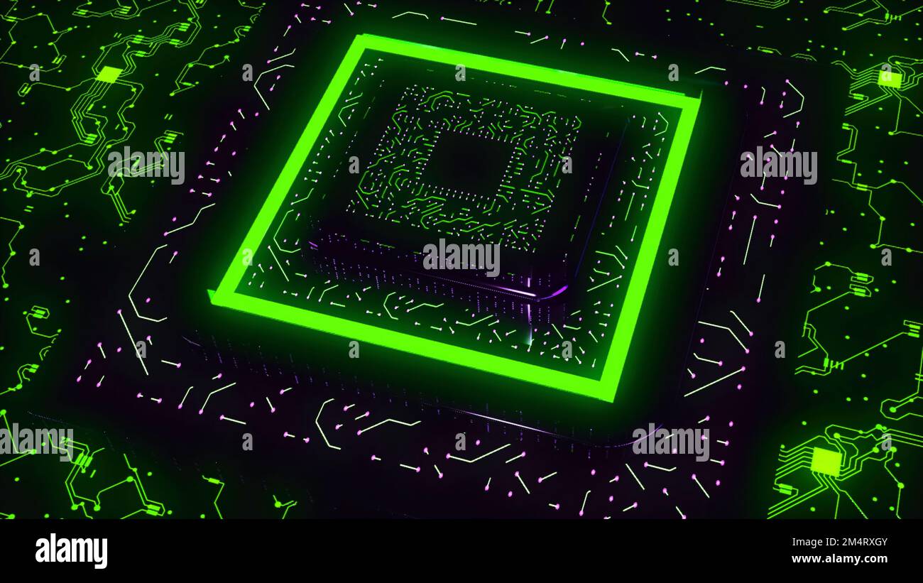 Animation with large 3D computer chip. Motion. Neon computer chip with