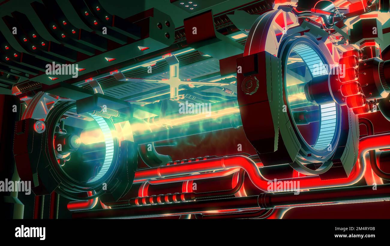 Glowing Laser beam machine. Motion. 3d engine with laser beam. Electric