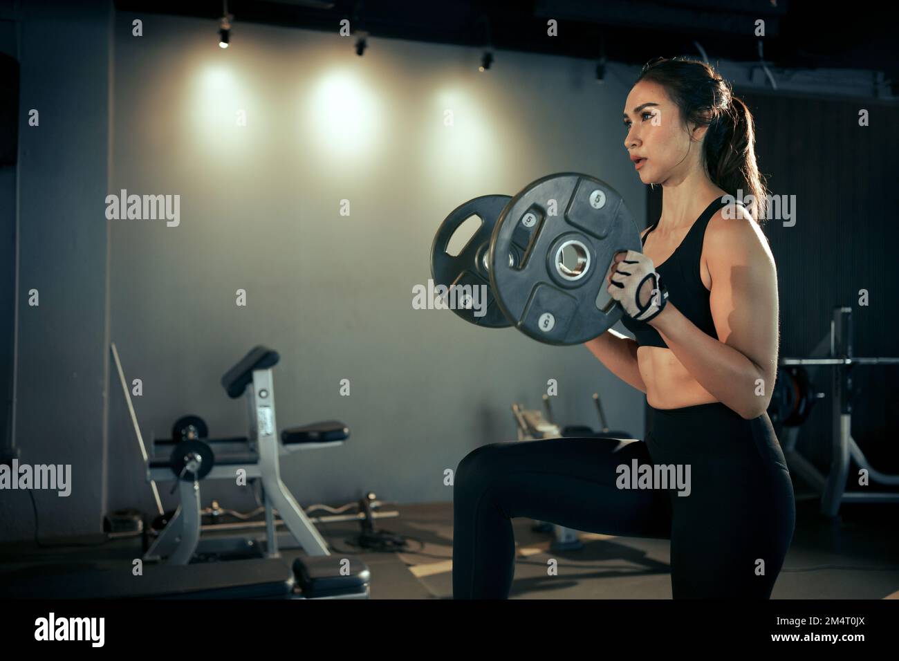 Sporty woman exercising with weight plate in the gym. Stock Photo