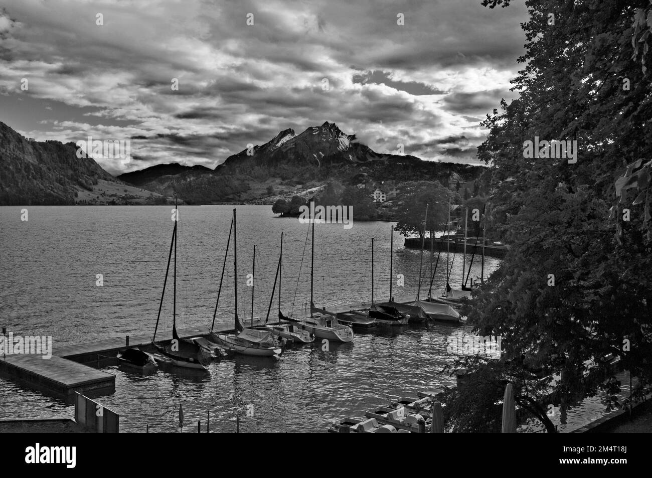 View of  Lucerne lake and mountains from pier, Weggis ,Switzerland, federal republic, Western Europe Stock Photo