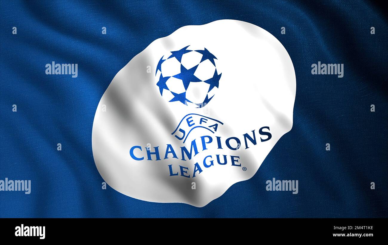 Abstract UEFA Champions League annual club football competition flag. Motion. Waving realistic flag with logo. For editorial use only Stock Photo