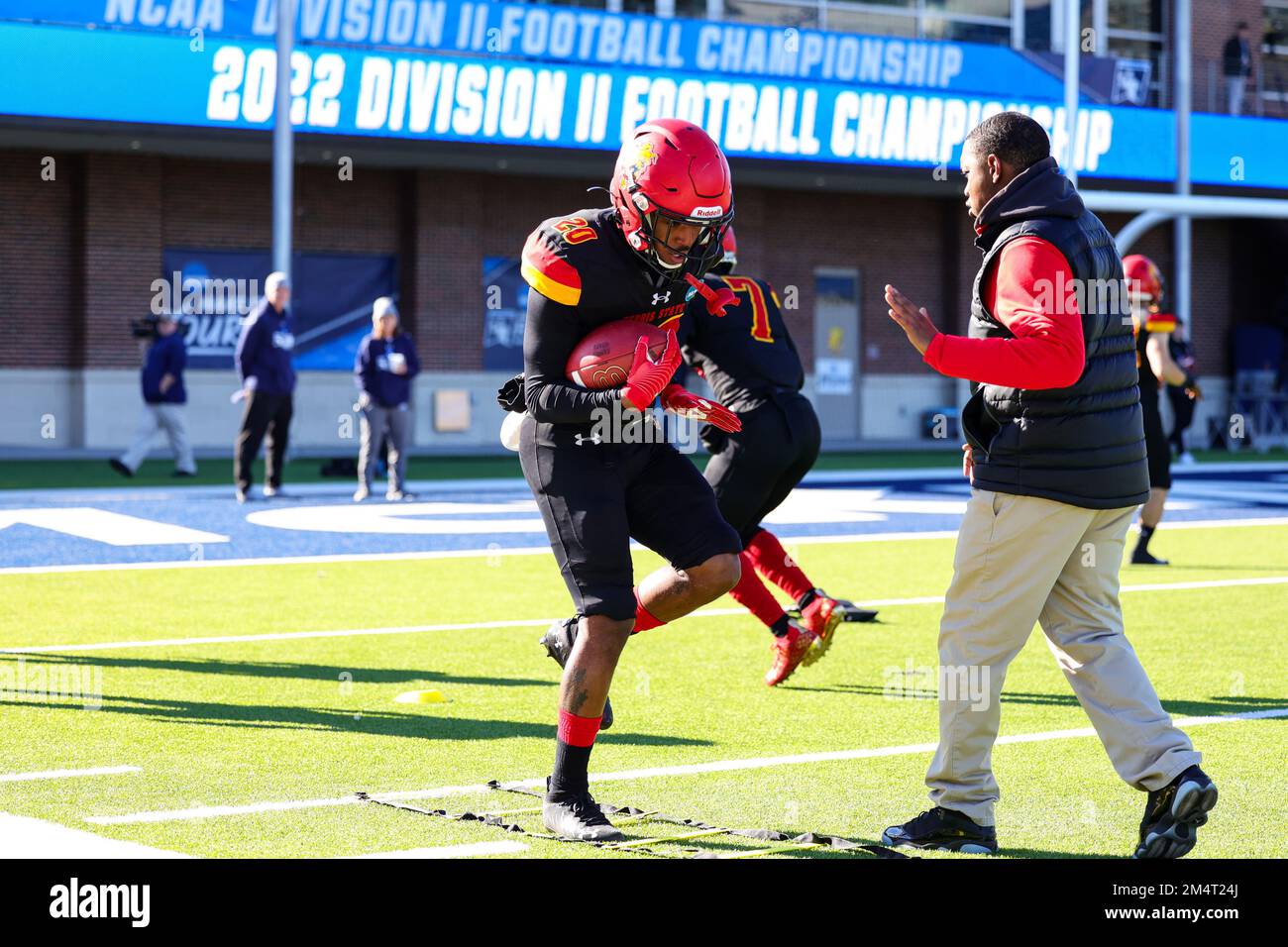 Ferris State Bulldogs James Coby (20) during warmups before the NCAA Division II national championship college football game, at McKinney ISD Stadium Stock Photo