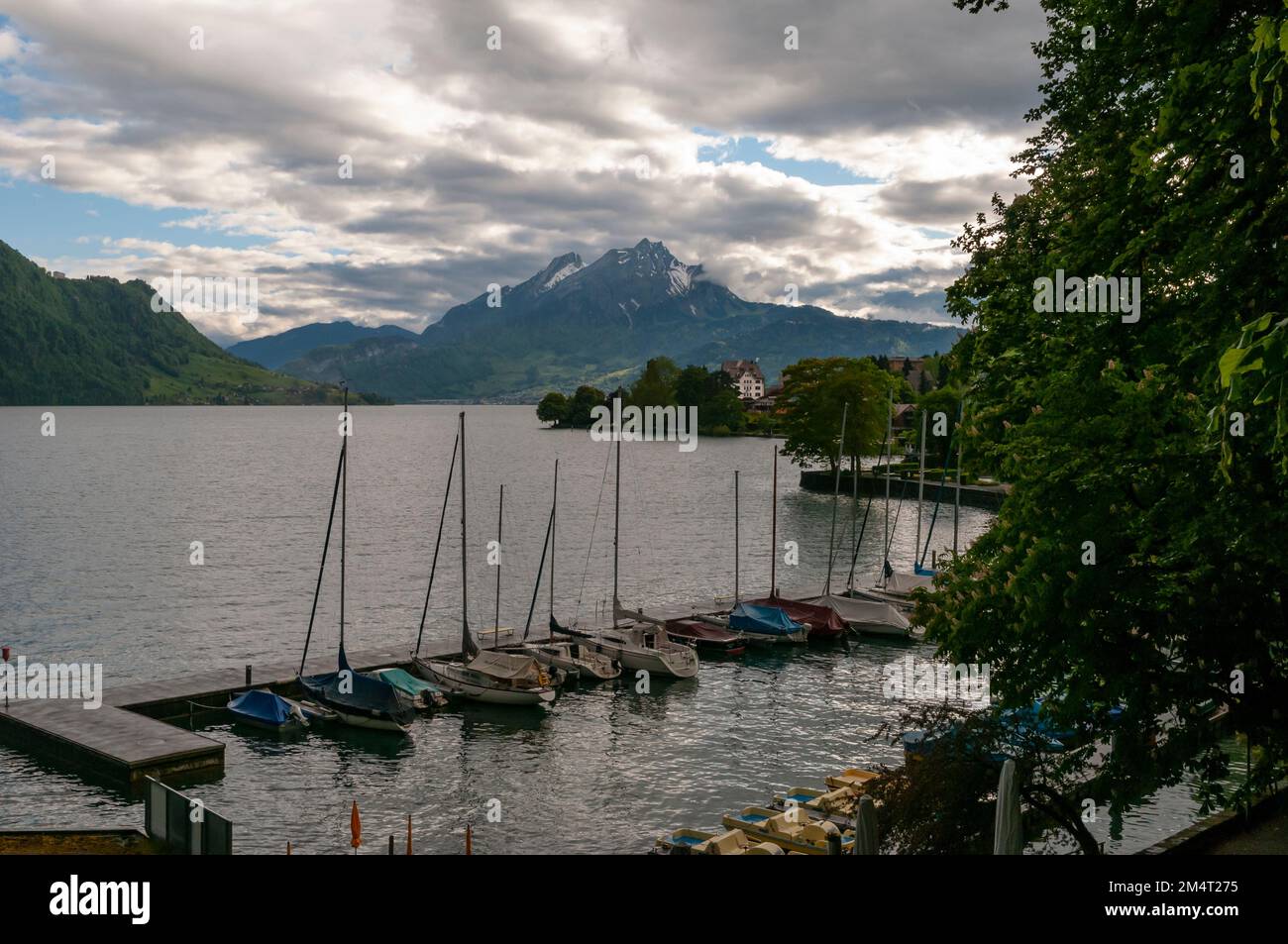 View of  Lucerne lake and mountains from pier, Weggis ,Switzerland, federal republic, Western Europe Stock Photo