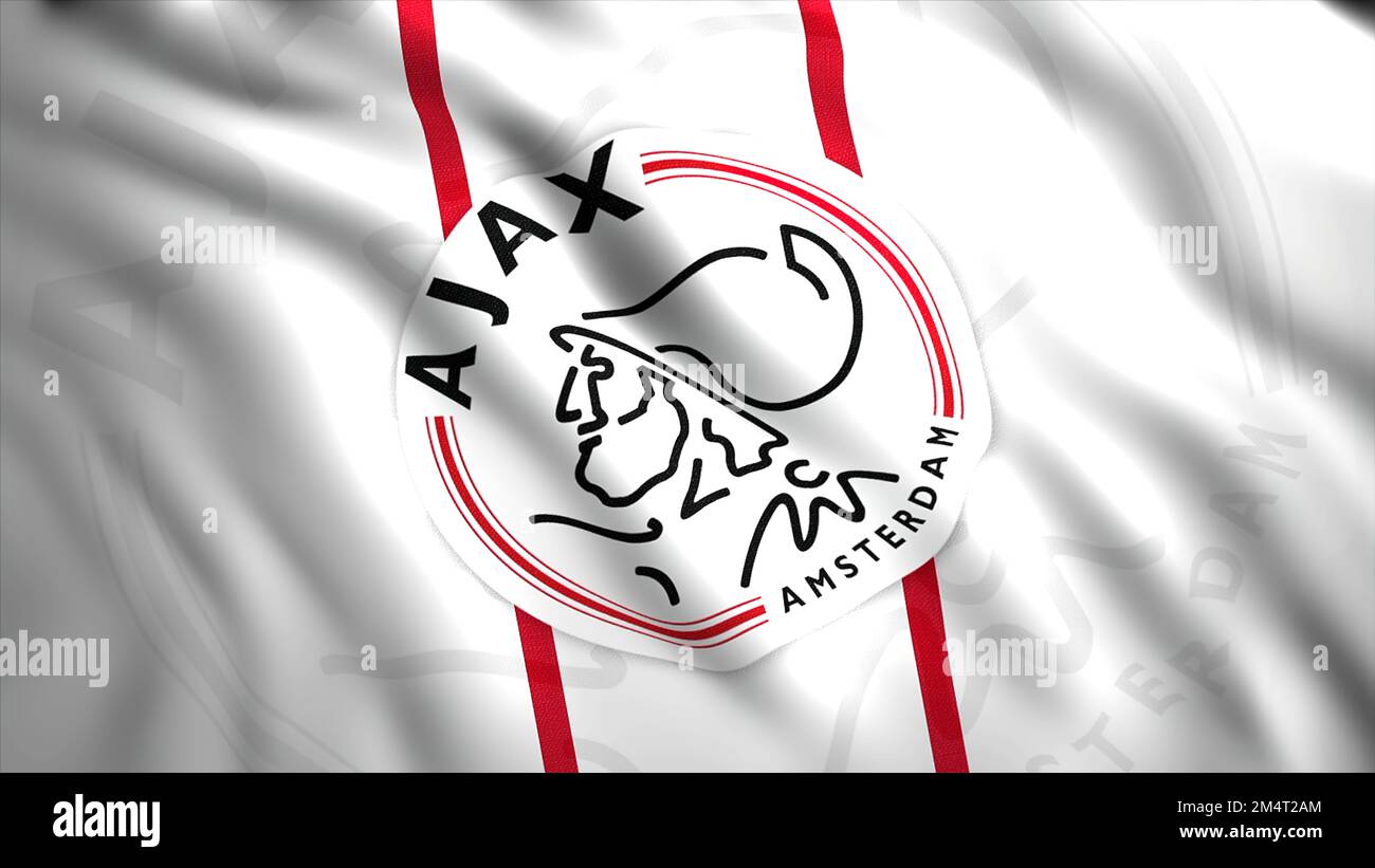 Ajax FC soccer team waving flag, football club logo. Motion. Concept of