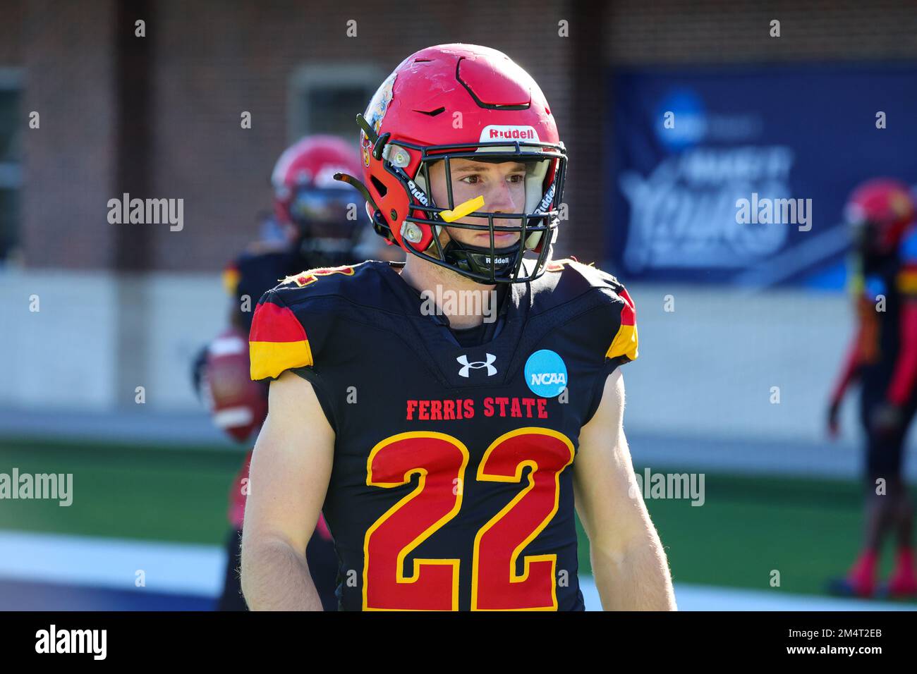 Ferris State Bulldogs Brady Rose (22) during warmup before the NCAA Division II national championship college football game, at McKinney ISD Stadium S Stock Photo