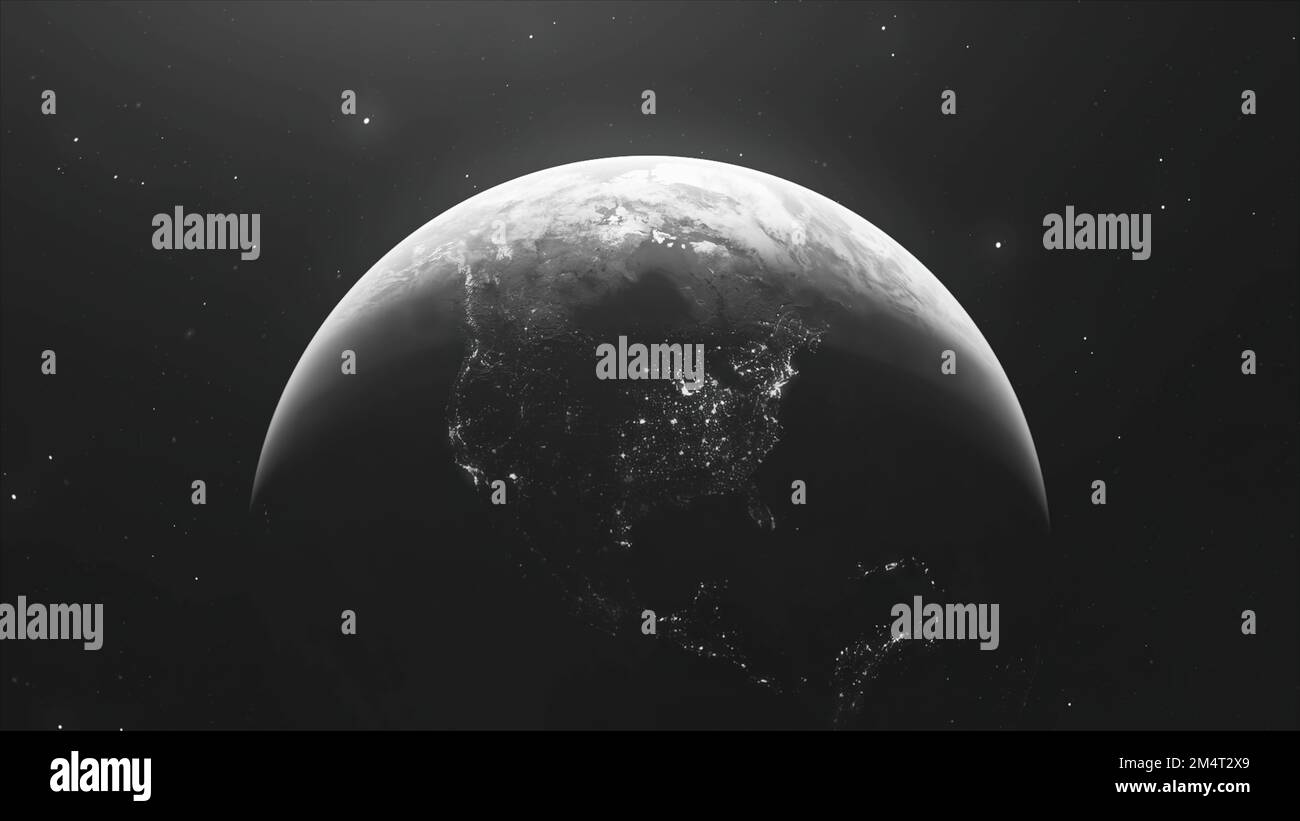 The Earth in outer space black background with glowing stars. Motion