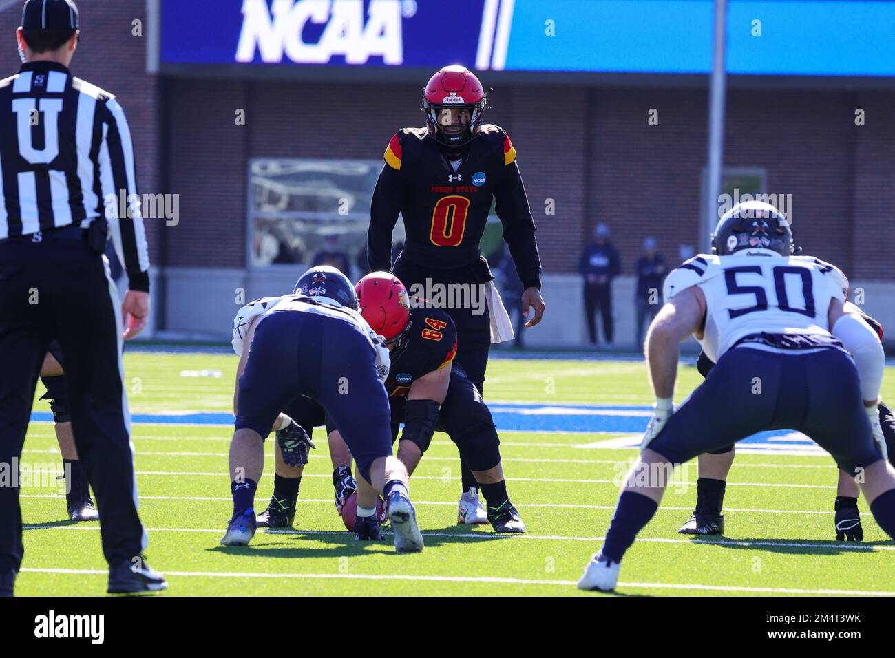 Ferris State Bulldogs quarterback Mylik Mitchell (0) waits for the snap during the first quarter of the NCAA Division II national championship college Stock Photo