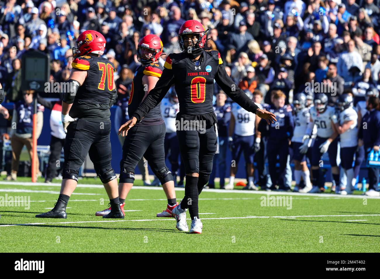 Ferris State Bulldogs quarterback Mylik Mitchell (0) looks to the sideline during the first quarter of the NCAA Division II national championship coll Stock Photo