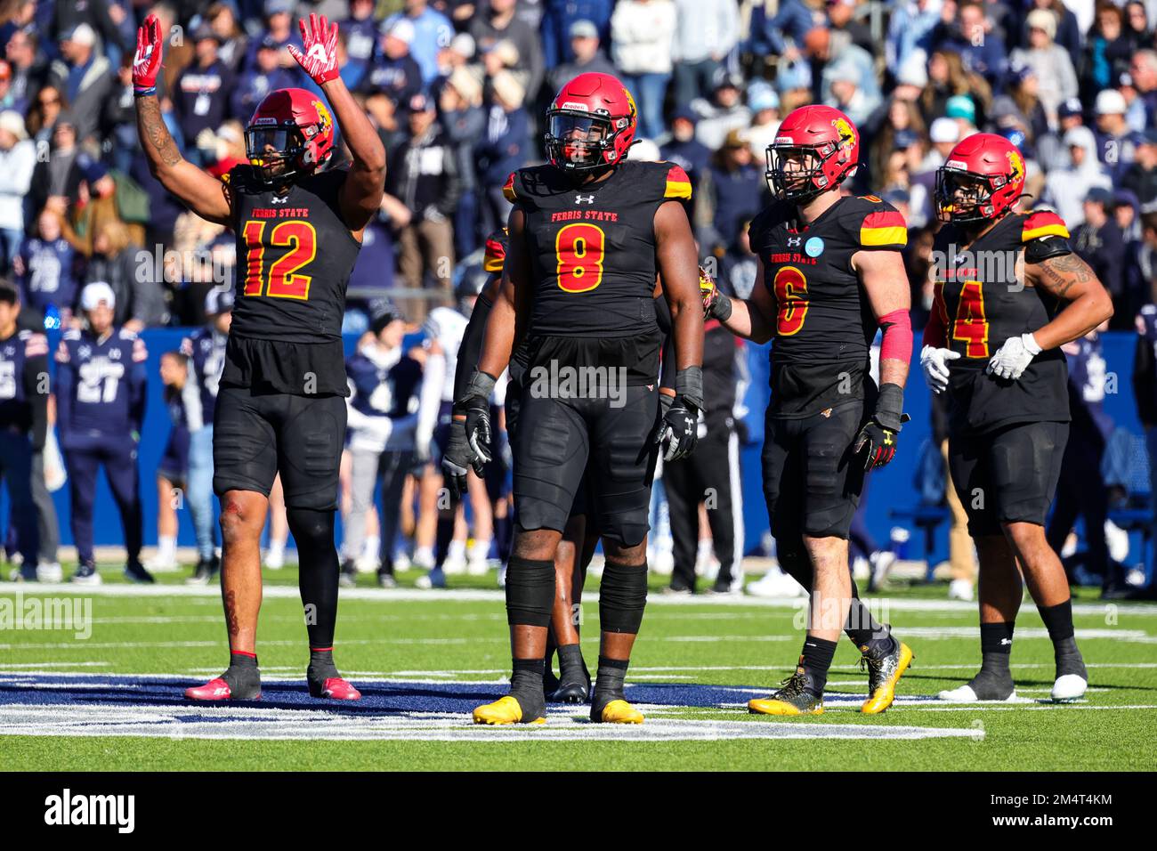 Ferris State Bulldogs defense Olalere Oladipo (8) and Caleb Murphy (12) during the 2nd quarter of the NCAA Division II national championship college f Stock Photo
