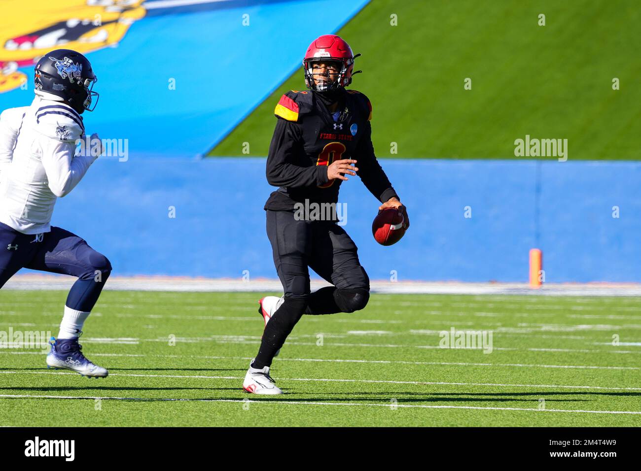 Ferris State Bulldogs quarterback Mylik Mitchell (0) looks to pass