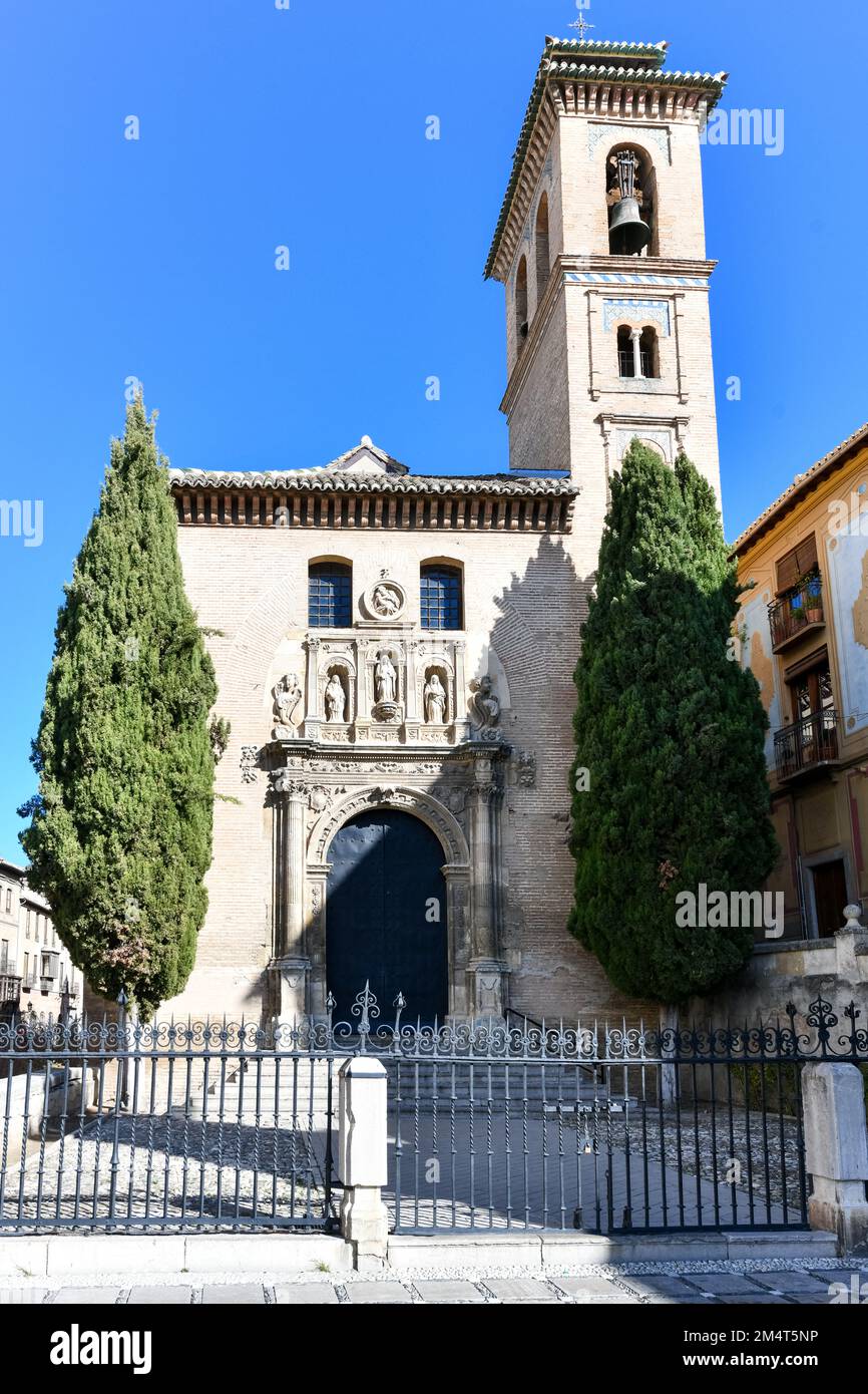 View of the St. Ana square with San Gil and Santa Ana Church in Granada, Spain. Stock Photo