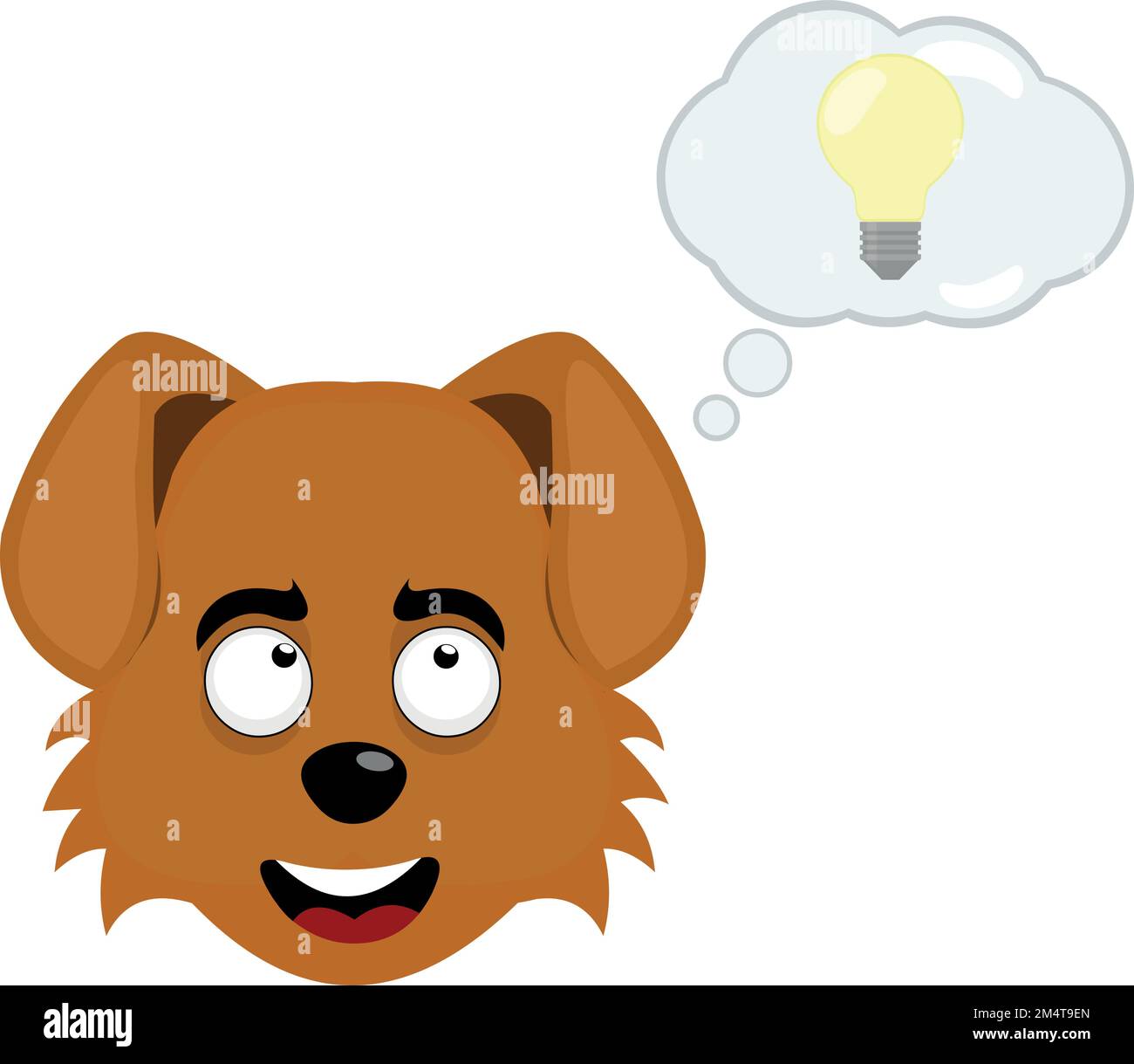 vector illustration of the face of a cartoon dog with a cloud of thought and a light bulb, in concept of good idea or creativity Stock Vector