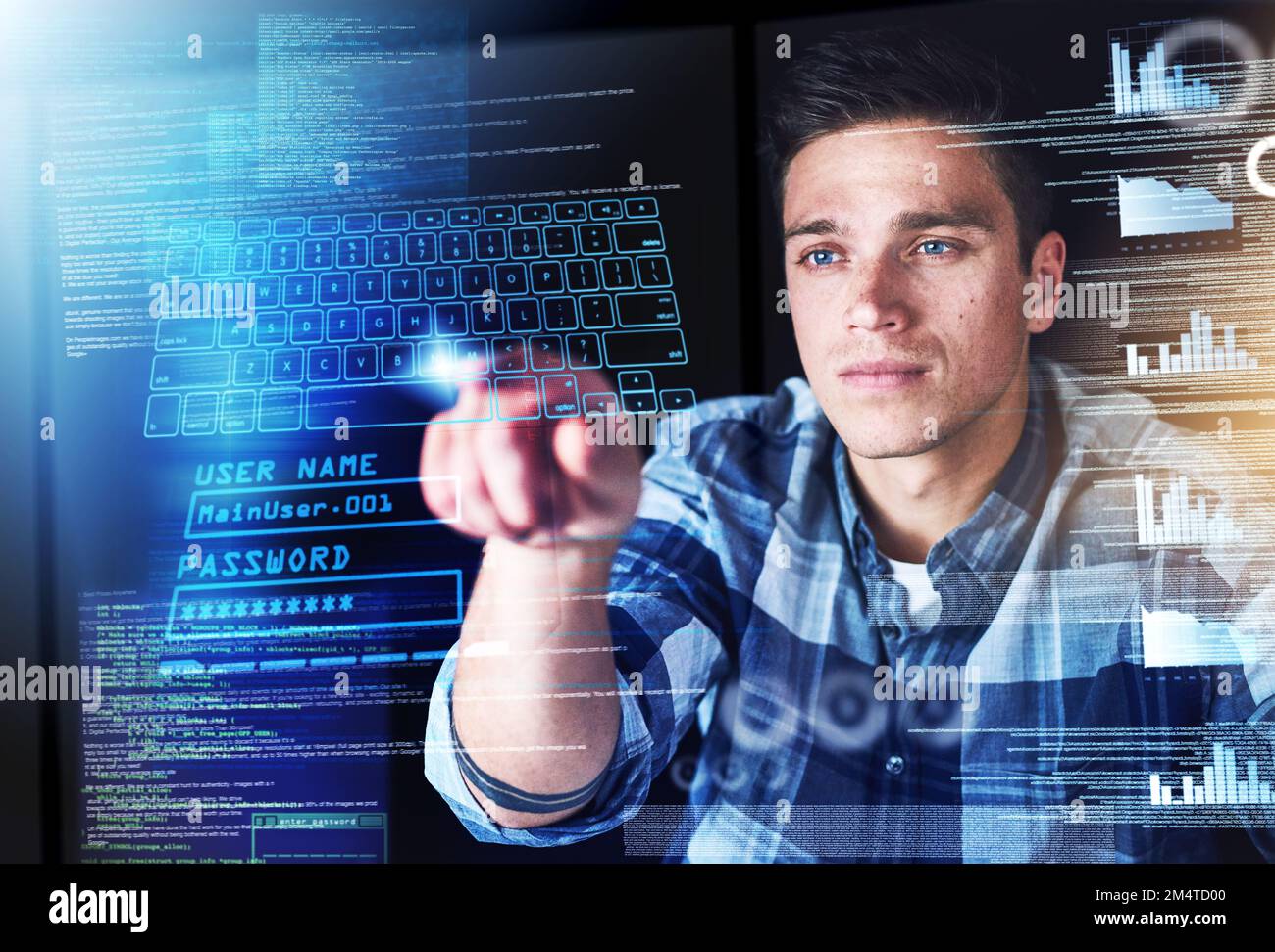 Hes a coder on a mission. a handsome young male programmer at work ...