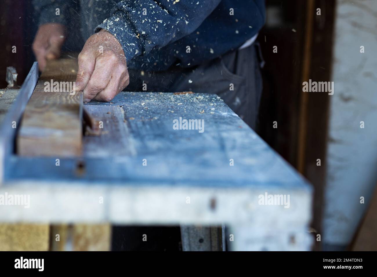 sawdust flies around as a worker,carpenter cuts a wooden batten on a circular saw. Close-up photo of a worker's hand holding a wooden lath Stock Photo