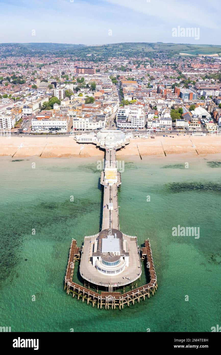An aerial of the worthing pier in the quiet and beautiful British
