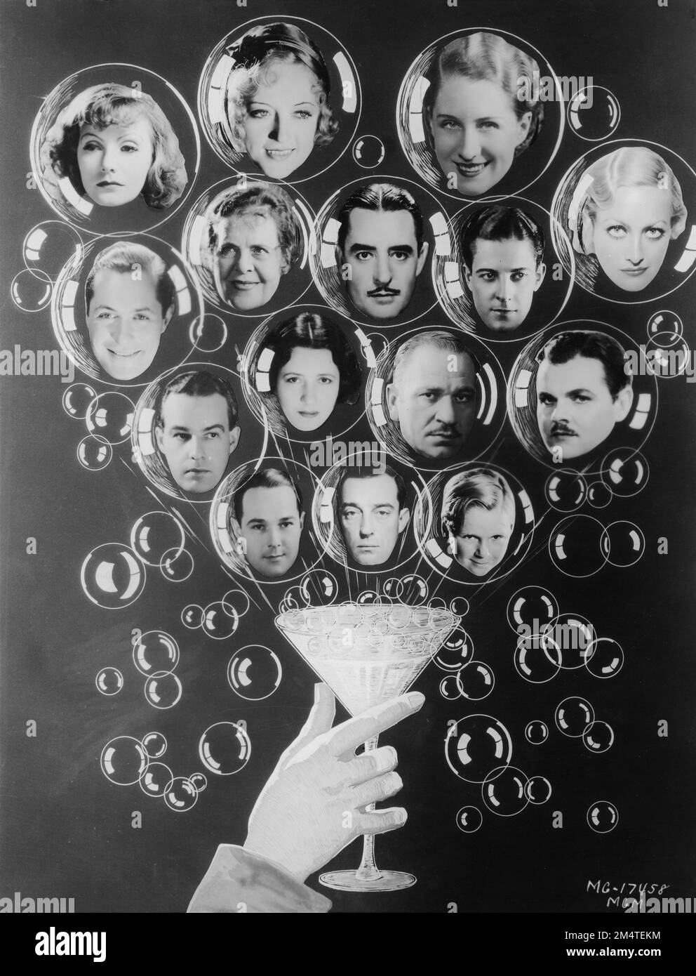 Collage of MGM Movie Stars from 1931 featuring from top left : GRETA GARBO, MARION DAVIES NORMA SHEARER, ROBERT MONTGOMERY, MARIE DRESSLER, JOHN GILBERT, RAMON NOVARRO, ALFRED LUNT, LYNN FONTANNE, WALLACE BEERY, LAWRENCE TIBBETT, WILLIAM HAINES, BUSTER KEATON and JACKIE COOPER publicity for Metro Goldwyn Mayer Stock Photo