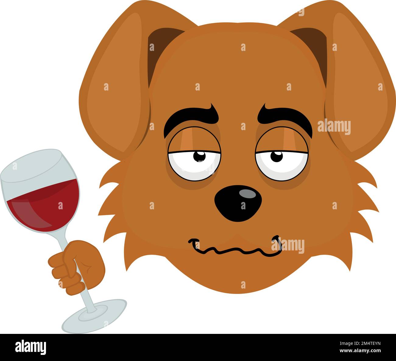 vector illustration of the face of a drunk cartoon dog with a glass of
