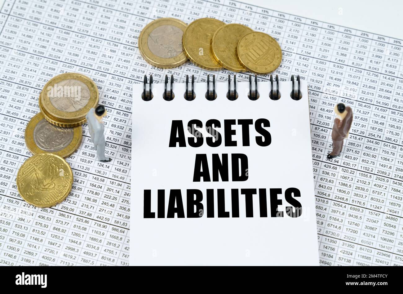 Business and finance concept. On financial reports there are figurines of people, coins and a notepad with the inscription - ASSETS AND LIABILITIES Stock Photo