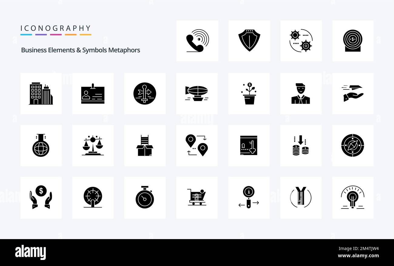 25 Business Elements And Symbols Metaphors Solid Glyph icon pack Stock Vector