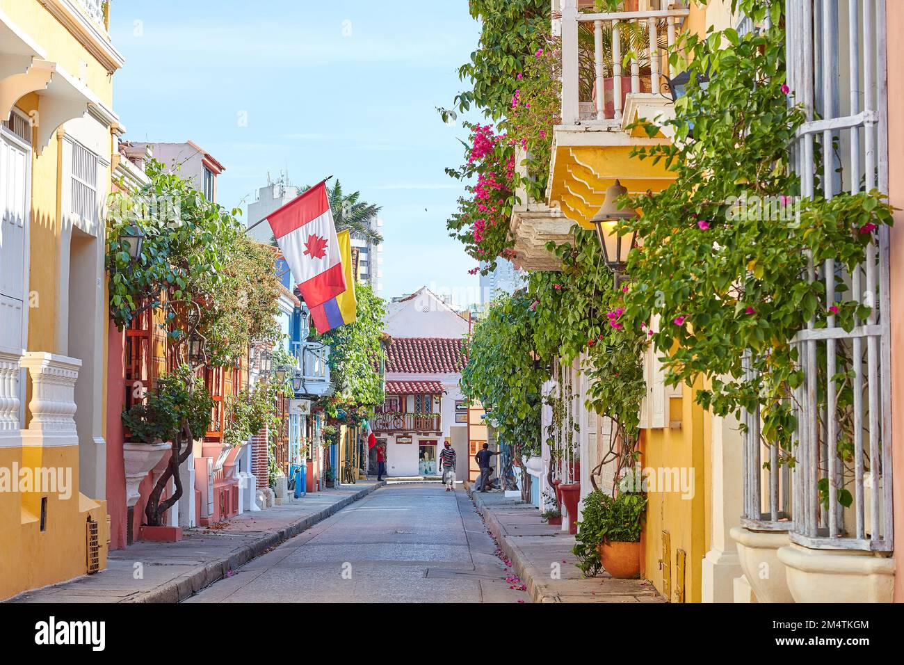 A regular footage of a street in Cartagena with beautiful houses decorated with plants and flags Stock Photo