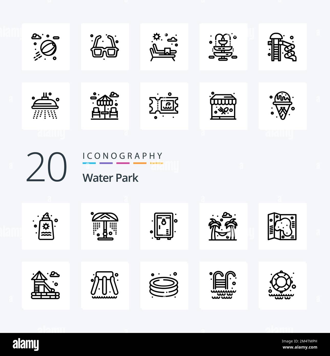 20 Water Park Line icon Pack like park map locker garden hammock Stock