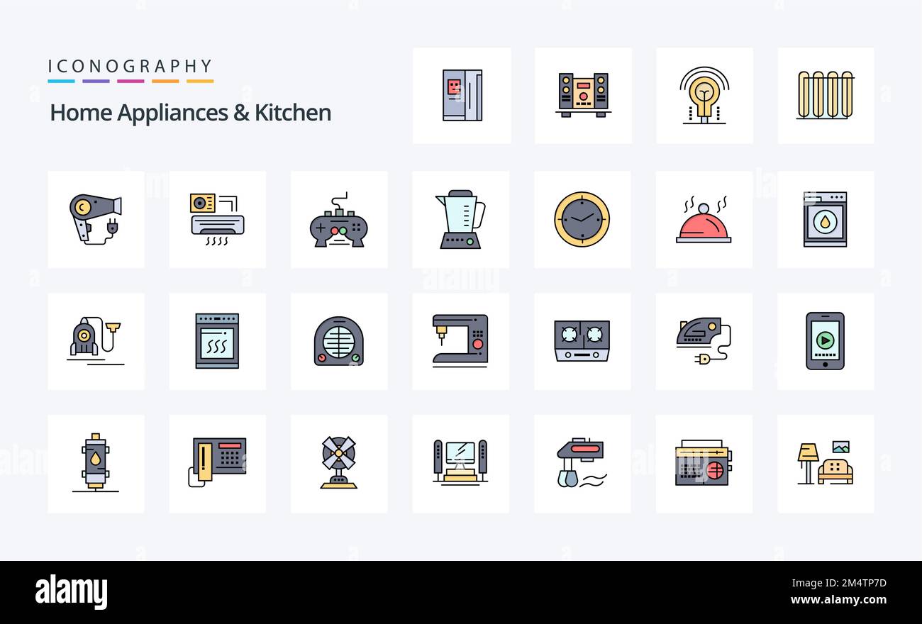 25 Home Appliances And Kitchen Line Filled Style icon pack Stock Vector ...