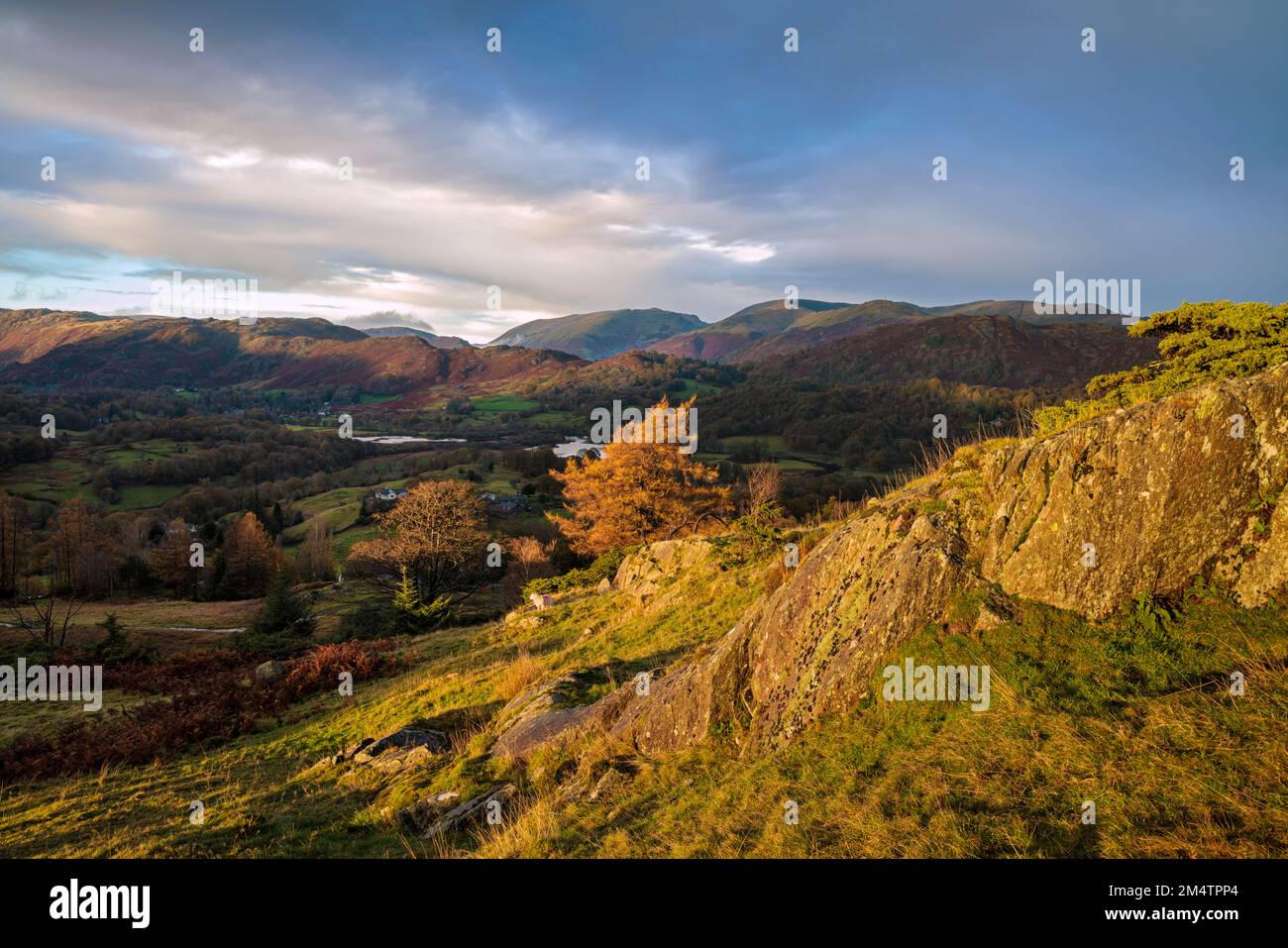 A view over Elterwater from Black Fell near Ambleside. Stock Photo