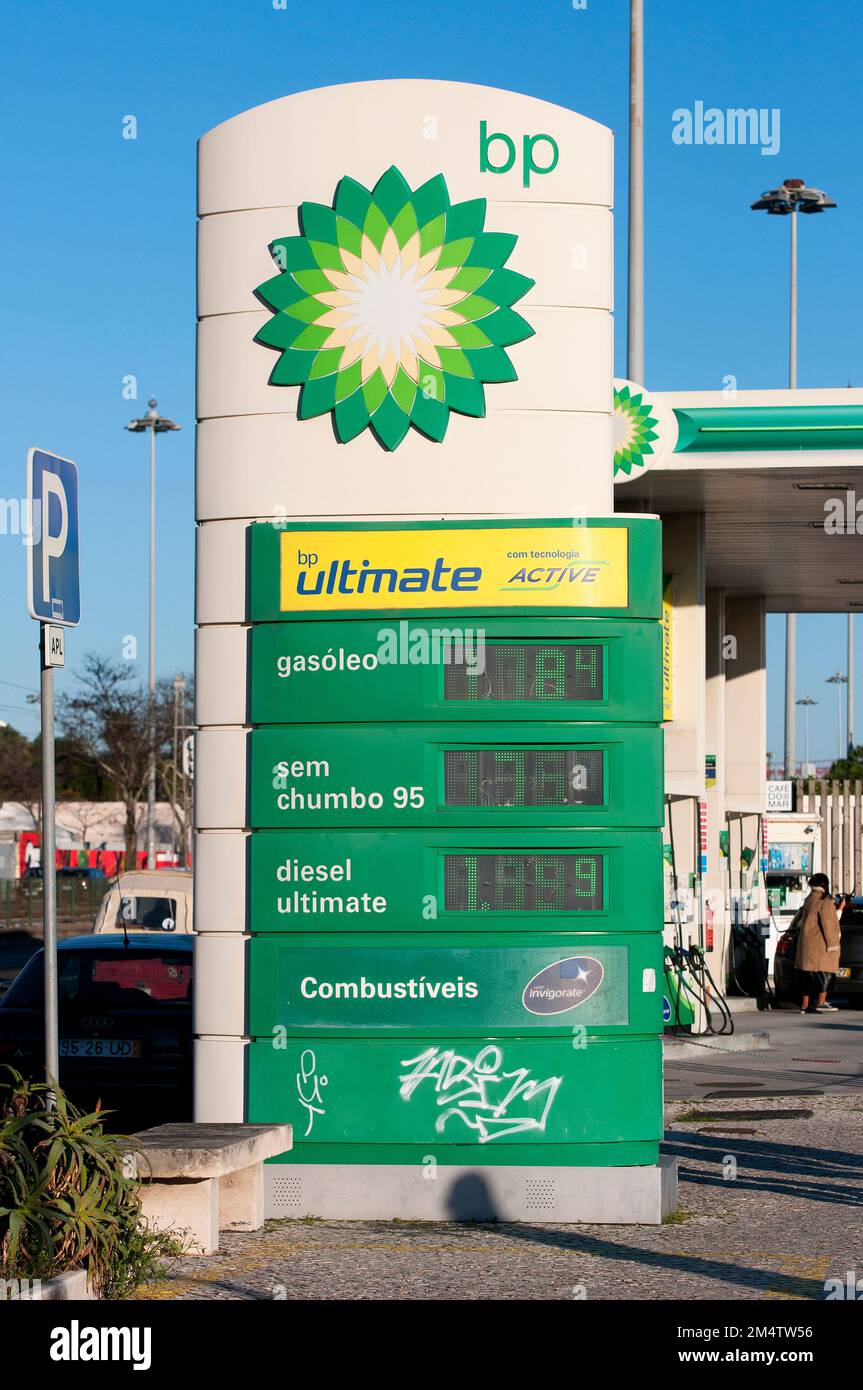 BP Ultimate petrol station, prices display, Belem district, Lisbon, Portugal Stock Photo