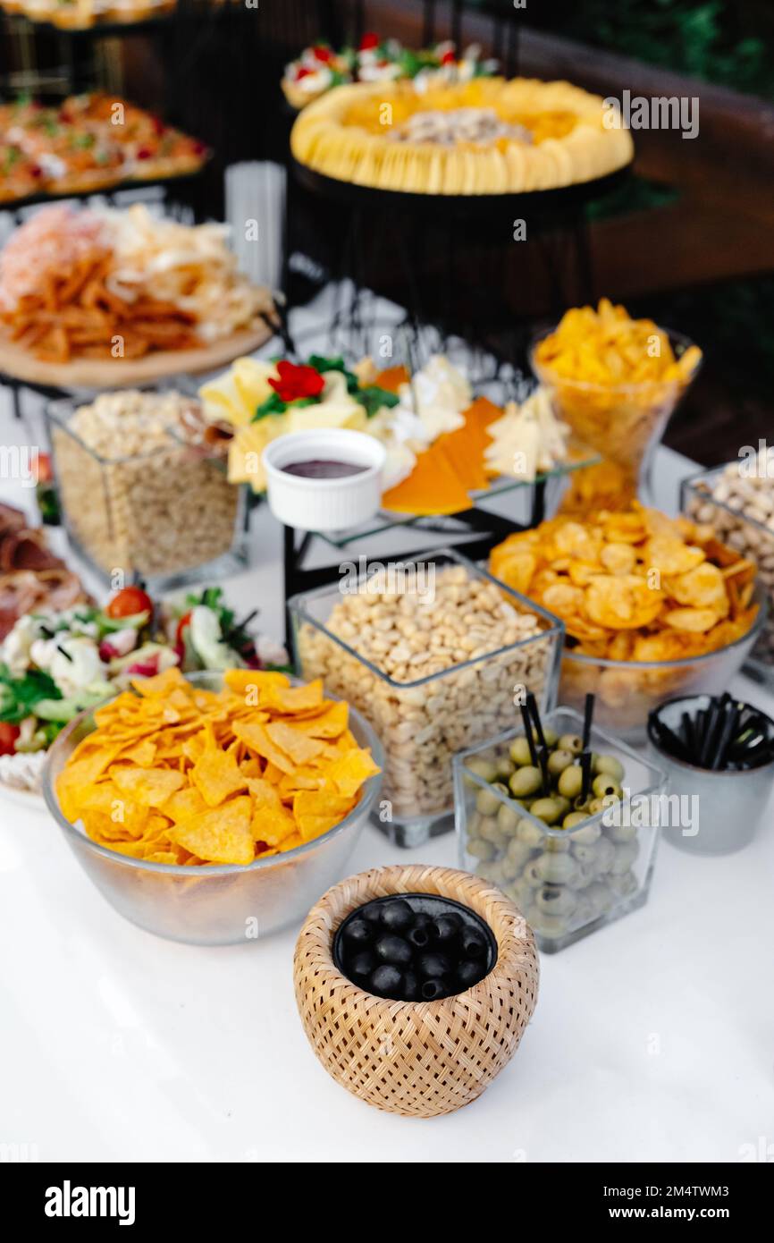 Buffet table of reception with cold snacks, meat and salads Stock Photo ...