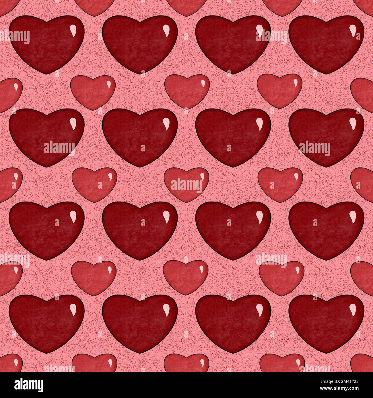 Textured 3d hearts seamless pattern. Hand drawn red shiny hearts on pink background. Cute modern Valentine’s Day decor. Raster illustration for fabric Stock Photo