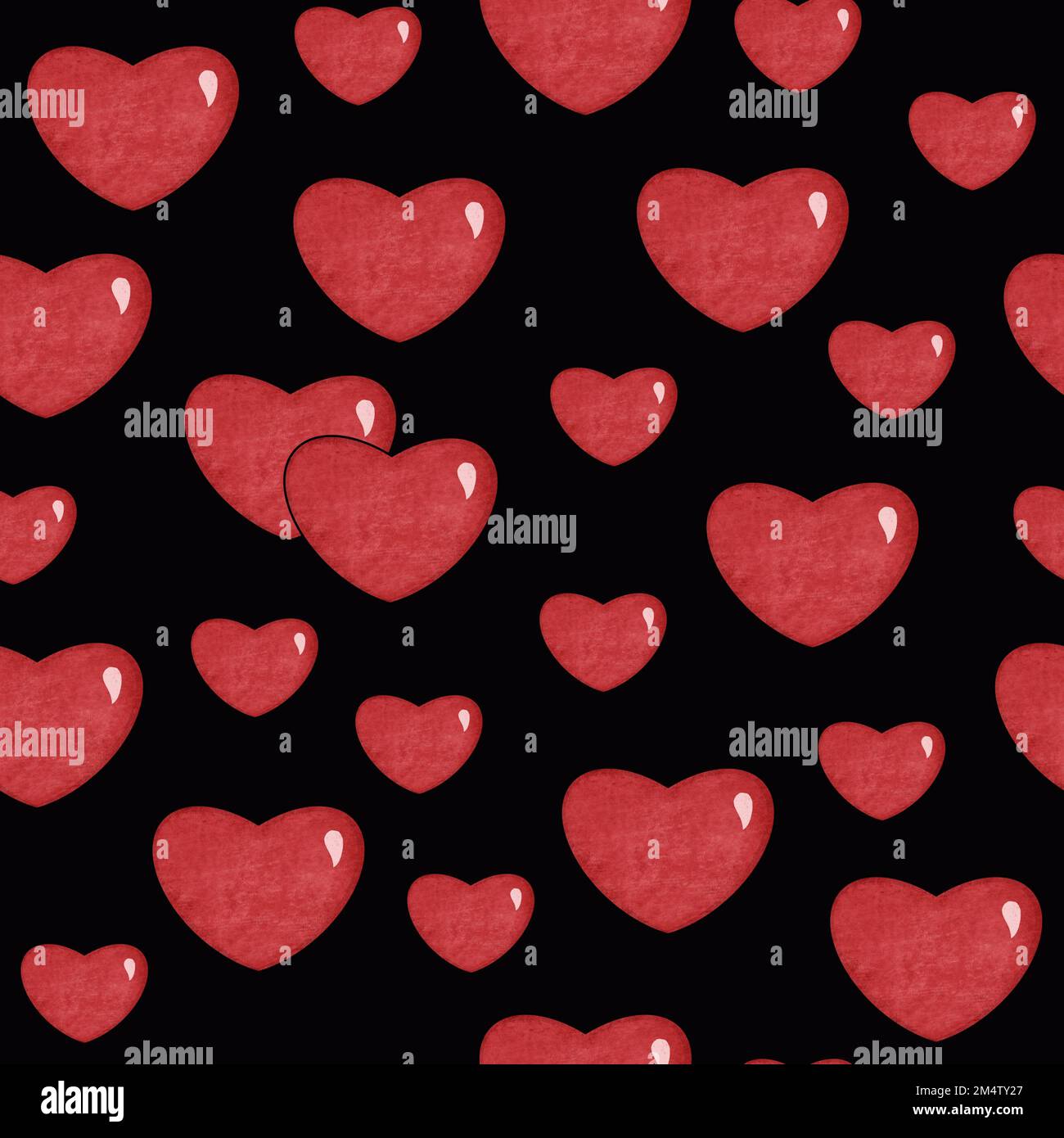 Seamless pattern of red hearts on a black background, minimalist