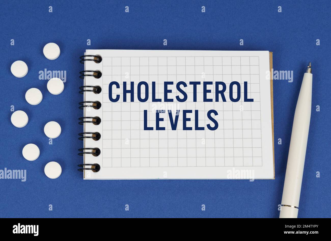 Medical concept. On a blue background, a pen, tablets and a notepad with the inscription - Cholesterol LEVELS Stock Photo