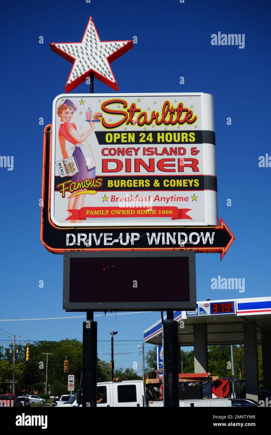 A vertical shot of the sign of the historic Starlite Diner in Flint, Michigan Stock Photo