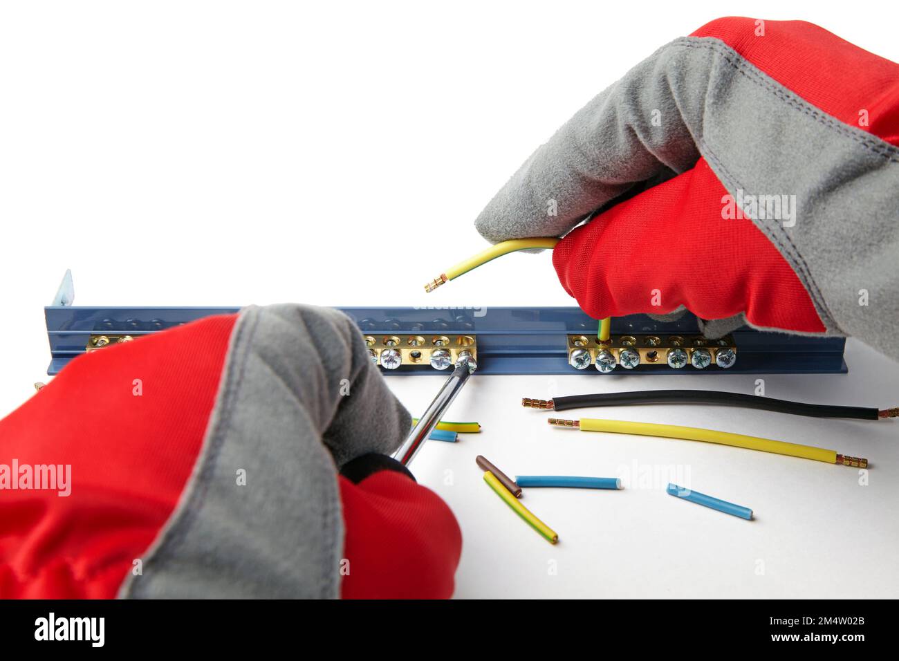 Installation electrical wire with terminal block. Electrician in Stock