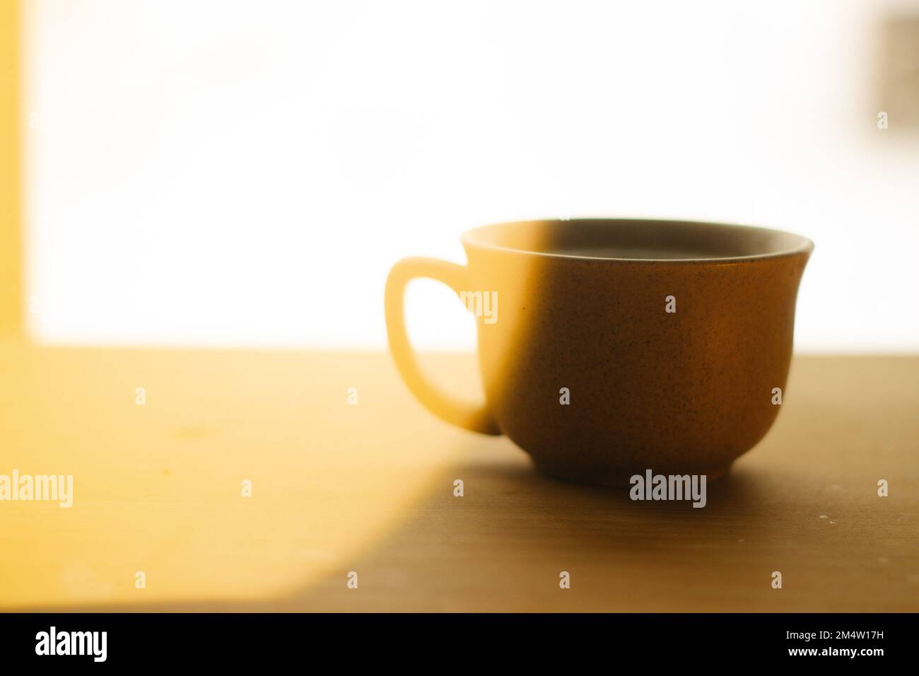 Thermos and Mug with Hot Drink Standing on Wet Wooden Table after