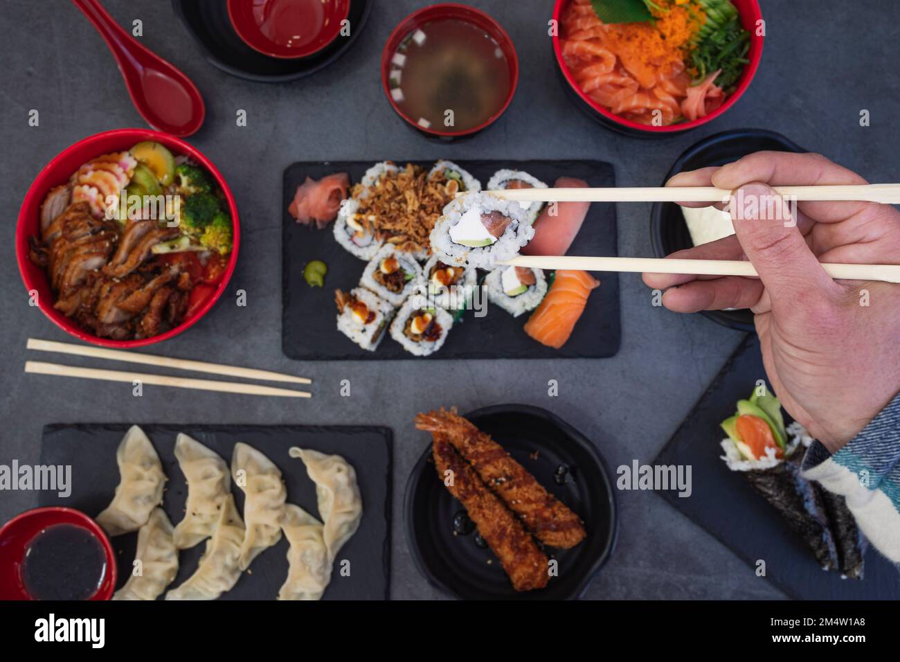sushi set with fried baguette. eating sushi at sushi restaurant Stock Photo  - Alamy