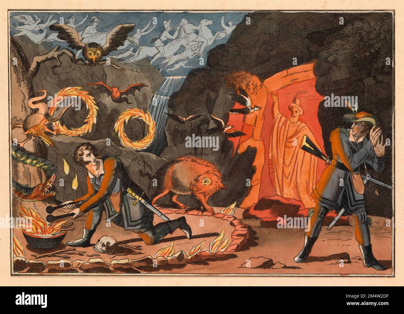 Witchcraft and magic: a man conducting magic rites, devils and a ghost appearing, and a hunter cowering in terror. Coloured etching Stock Photo