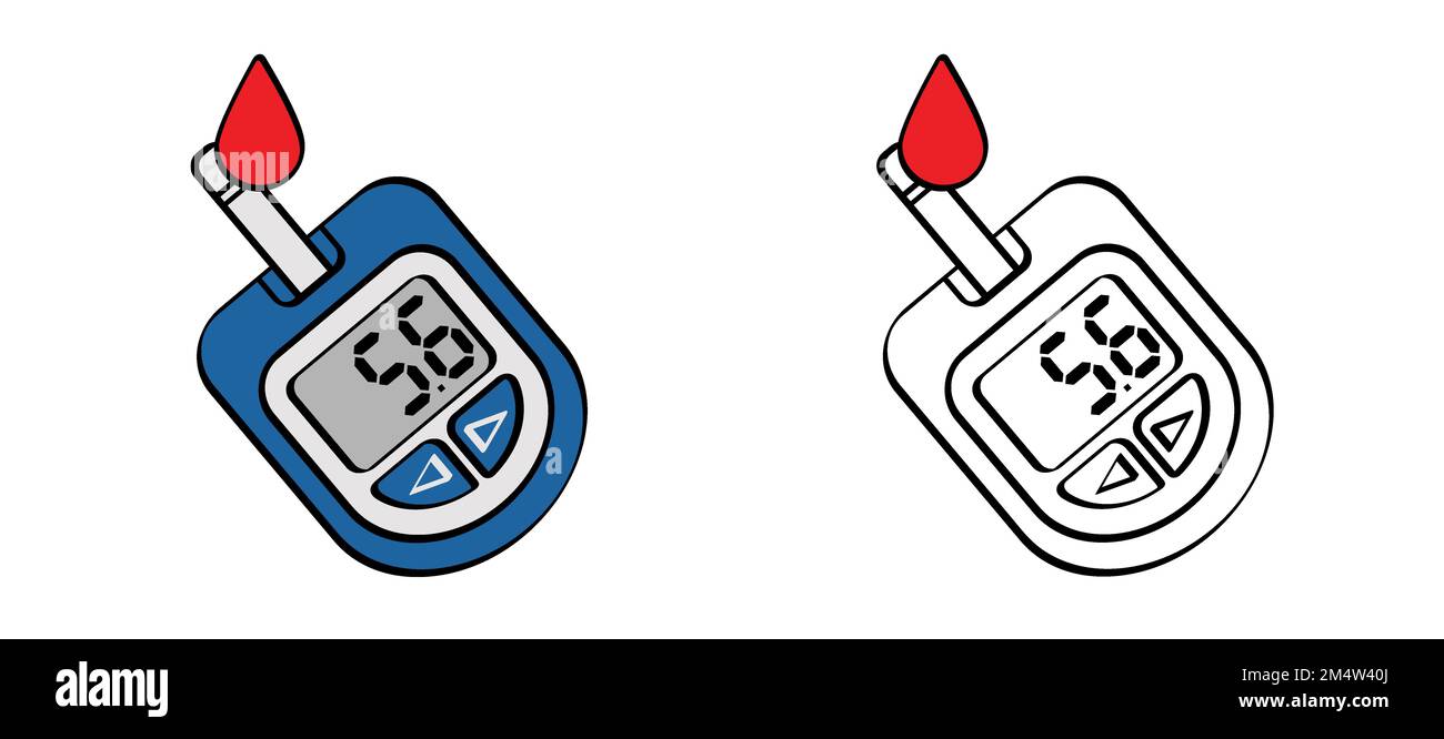 Check blood, glucose meter or glucometer. Blood sugar test, level on display. Diabetes insulin. Device for testing and monitoring level of sugar. Cart Stock Photo