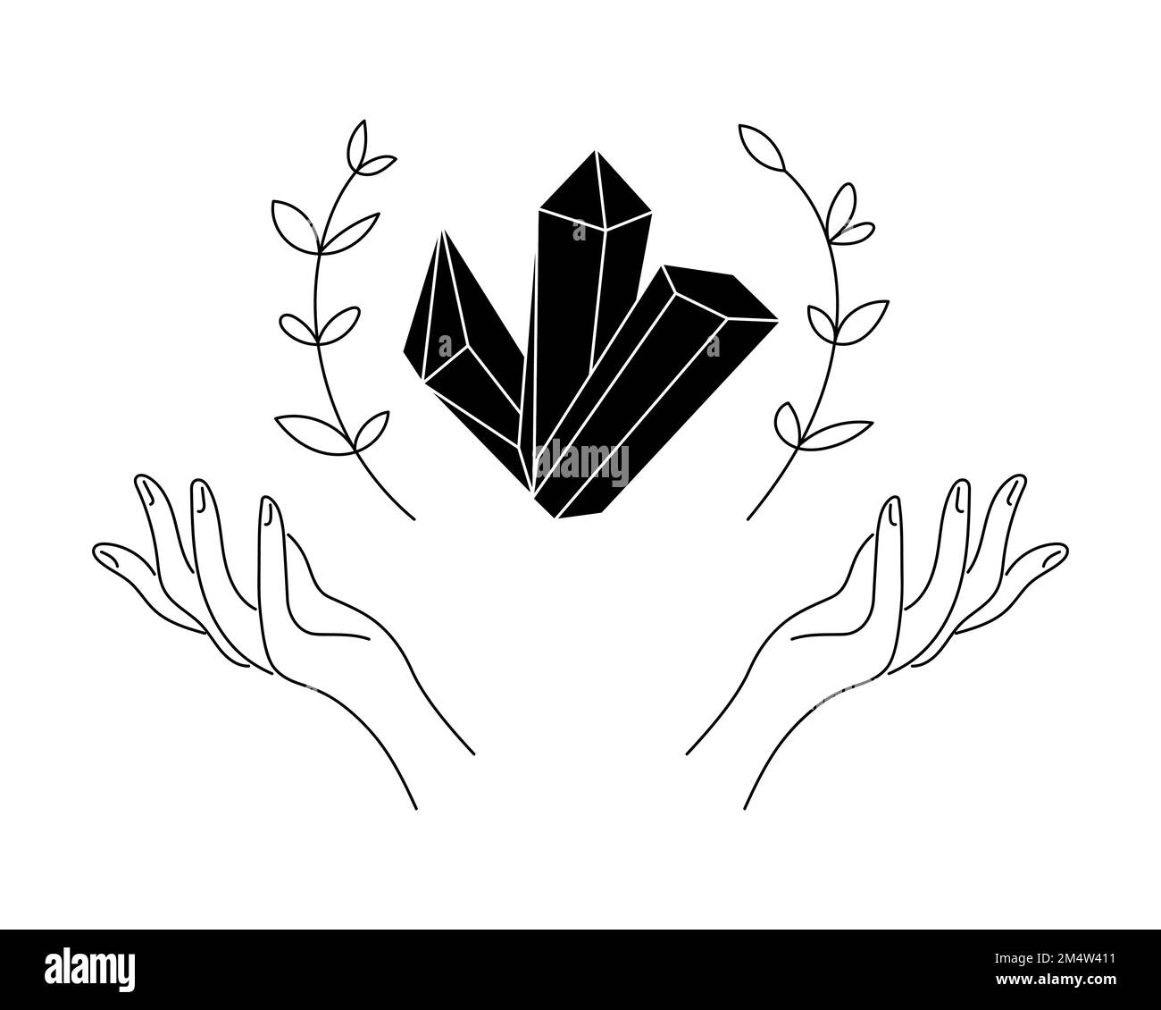 Mystic celestial crystals and plants levitate over woman hand. Line art spirituality gemstones with nature elements. Magic or healing mineral linear symbol. Esoteric tattoo or logo outline sketch. Eps Stock Vector