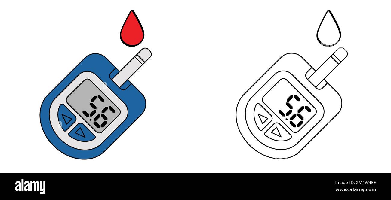 Check blood, glucose meter or glucometer. Blood sugar test, level on display. Diabetes insulin. Device for testing and monitoring level of sugar. Cart Stock Photo
