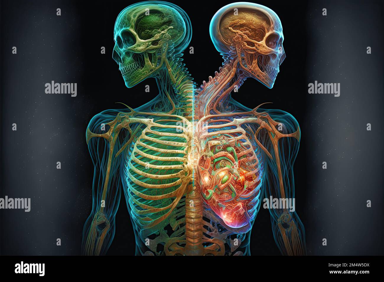 A science-fiction representation of an alien Anatomy with two heads with a gleaming organ inside its chest, a futuristic and psychedelic x-ray of Stock Photo