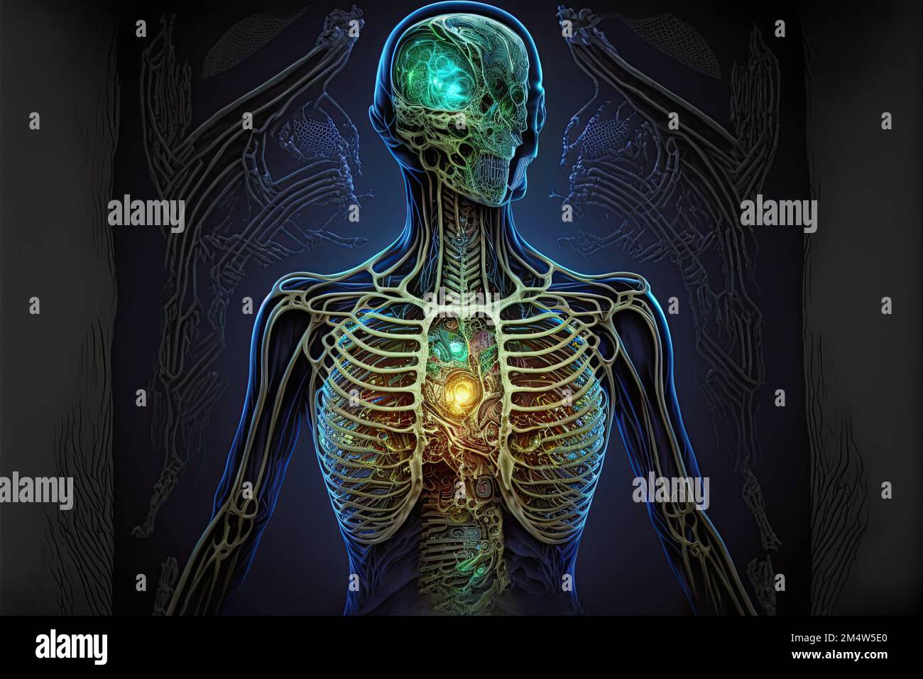 Sci-fi skeleton of an alien autopsy with a glowing heart in his chest, cyberpunk psychedelic body scan of extraterrestrial anatomy. High-tech Stock Photo