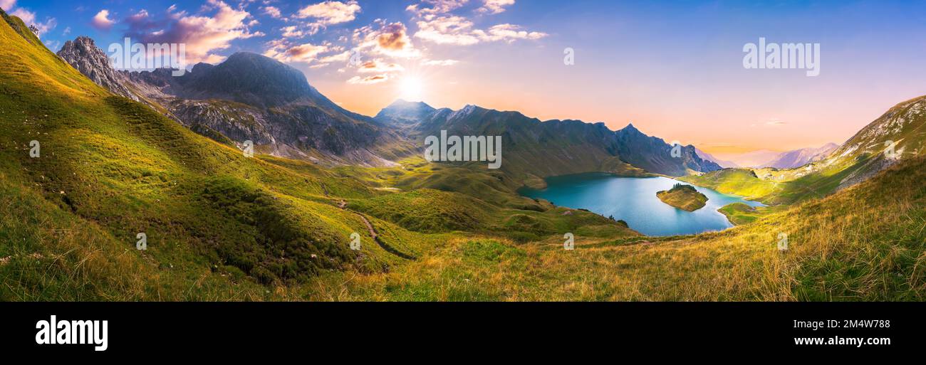Schrecksee lake in high Alpine mountains during sunset Stock Photo