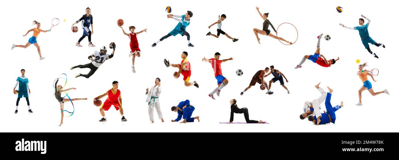 Collage of sportive people, adults and children doing different sports