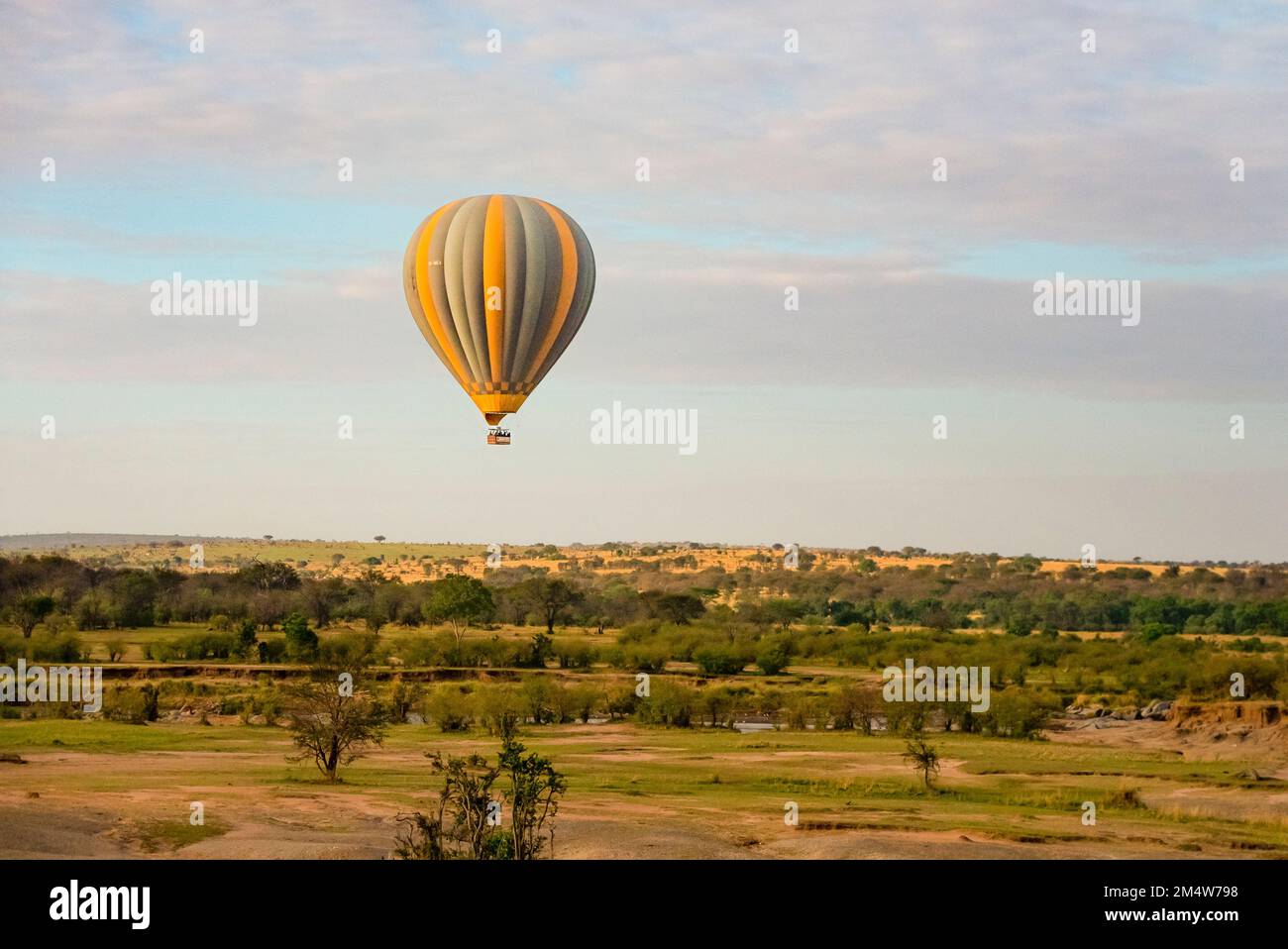 Hot air balloon over the Serengeti National Park in Tanzania Stock Photo