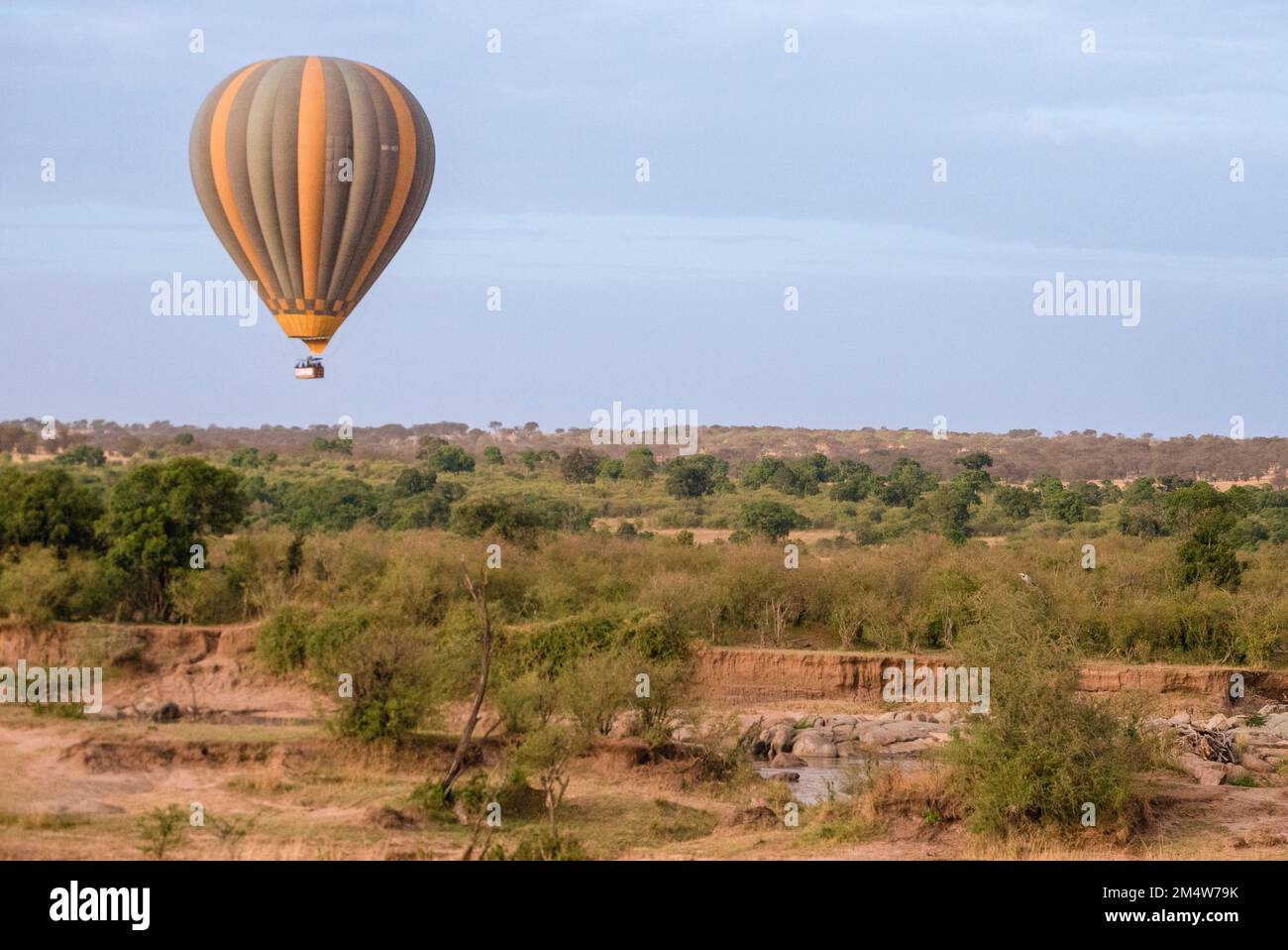 Hot air balloon over the Serengeti National Park in Tanzania Stock Photo